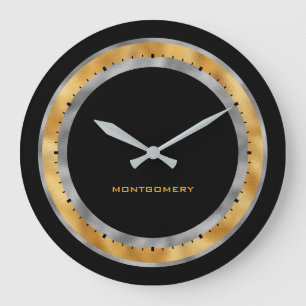 Grande Horloge Ronde Elégant Black Silver Gold Foil Personnalisé