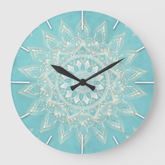 Grande Horloge Ronde Elégant Blanc Gold Mandala Sky Blue Design (Recto)