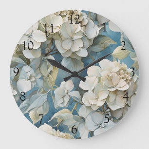 Grande Horloge Ronde Elégant bleu poussiéreux turquoise ivoire hydrangé