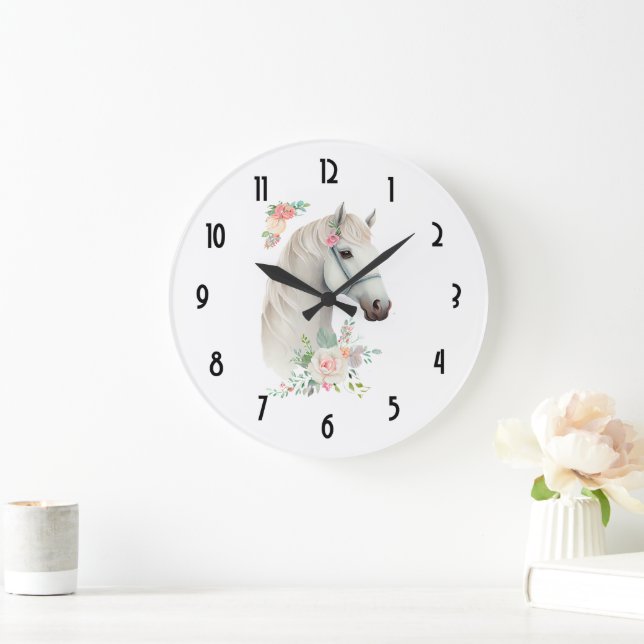Grande Horloge Ronde Élégant Boho Cheval Blanc Floral (Maison)
