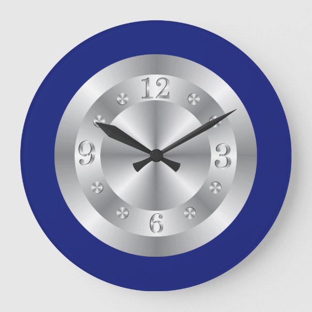 Grande Horloge Ronde Élégant Chiffre Bleu Et Gris Argent (Recto)