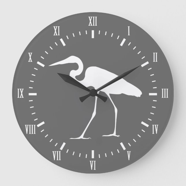Grande Horloge Ronde Elegant Coastal White Egret Bird & Gray (Recto)