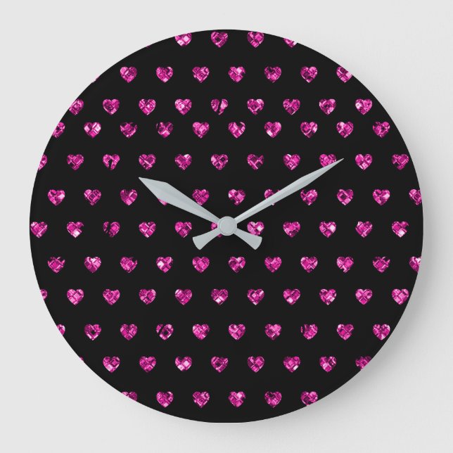 Grande Horloge Ronde Élégant Coeurs Diamants Roses Éclat (Recto)
