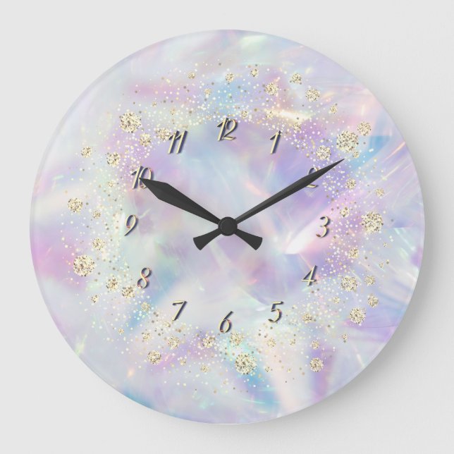 Grande Horloge Ronde Elégant Confetti Cool arc-en-ciel tendance Hologra (Recto)