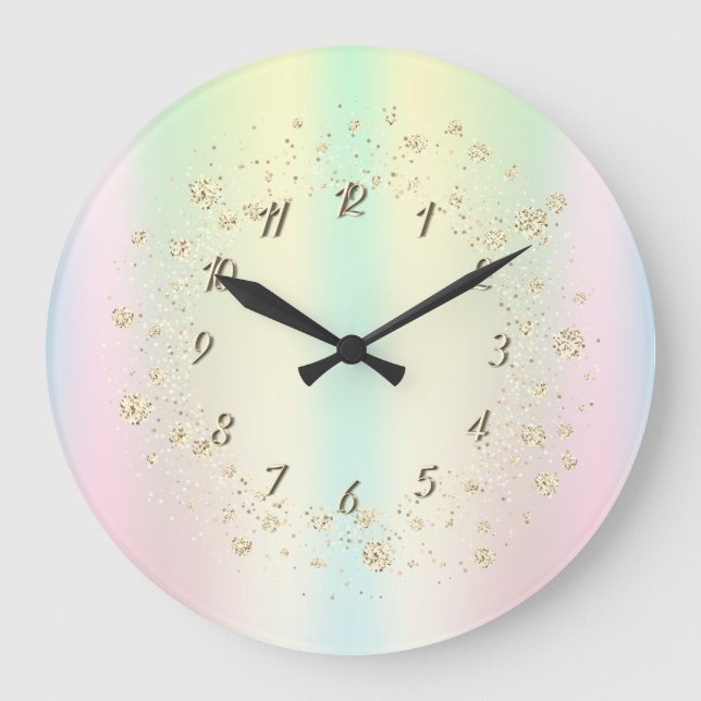 Grande Horloge Ronde Elégant Confetti Holographique Arc en ciel (Recto)
