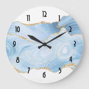 Grande Horloge Ronde Elégant Cool Bleu Agate et Parties scintillant Or 