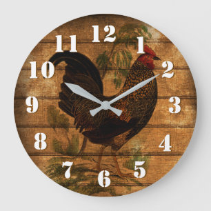 Grande Horloge Ronde Elégant coq de pays sur bois rustique