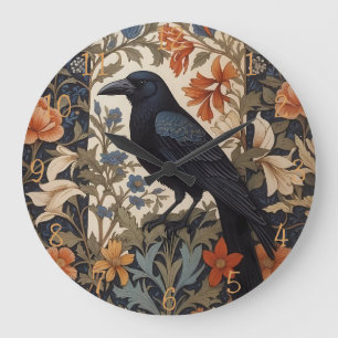 Grande Horloge Ronde Elégant corbeau noir William Morris Inspiré Floral