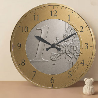 Grande Horloge Ronde Elegant Euro Coin Golden Metallic European Map Art