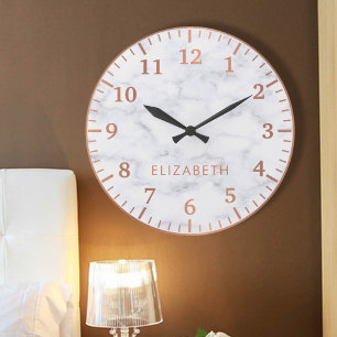 Grande Horloge Ronde Elégant Faux Rose Gold Marbre blanc glamour