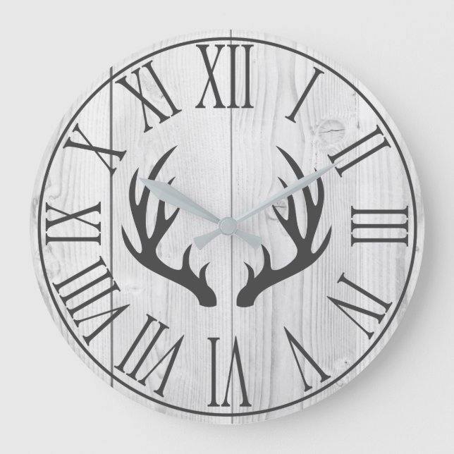 Grande Horloge Ronde Élégant Faux Rustiques Bois blanc & Antlers de Cer (Recto)