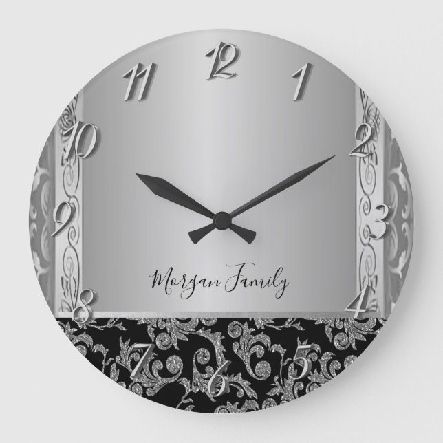 Grande Horloge Ronde Élégant Flèches d'argent noir élégant (Recto)