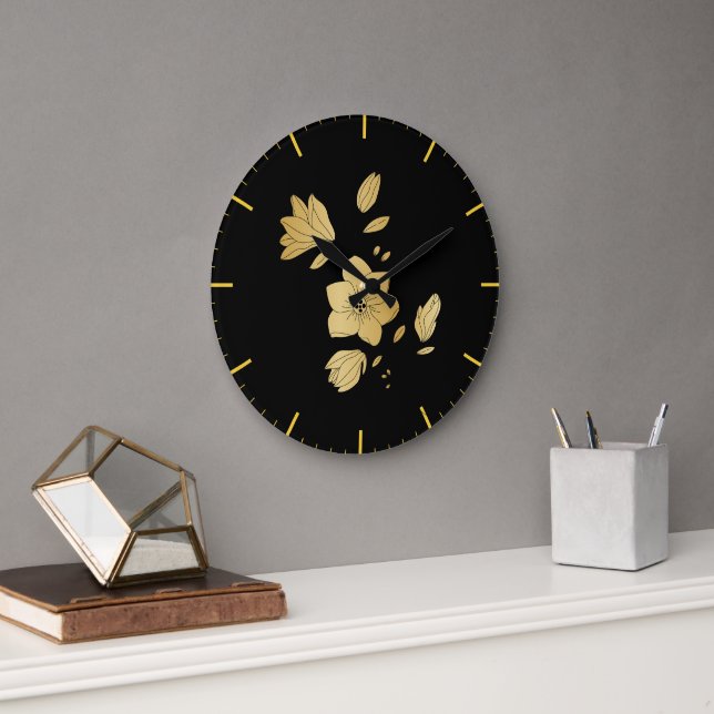 Grande Horloge Ronde Élégant floral noir et or (Bureau)