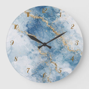 Grande Horloge Ronde Élégant Flux Abstrait Paillettes Bleu Or