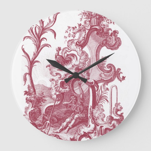 Grande Horloge Ronde Elegant French Country Antique Red Toile de Jouy (Recto)