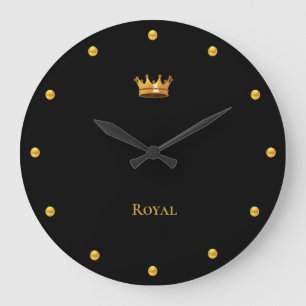 Grande Horloge Ronde Elegant Golden Crown and Golden Dots on Black