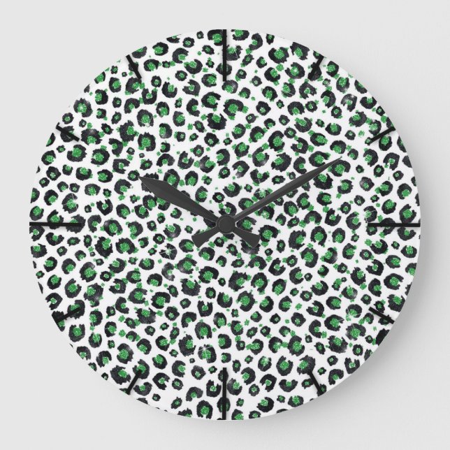 Grande Horloge Ronde Elegant Green Glitter Black Leopard Animal Print (Recto)