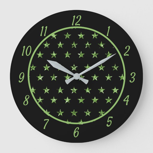 Grande Horloge Ronde Elegant Green Stars Diamond Gems Glam Sparkle (Recto)