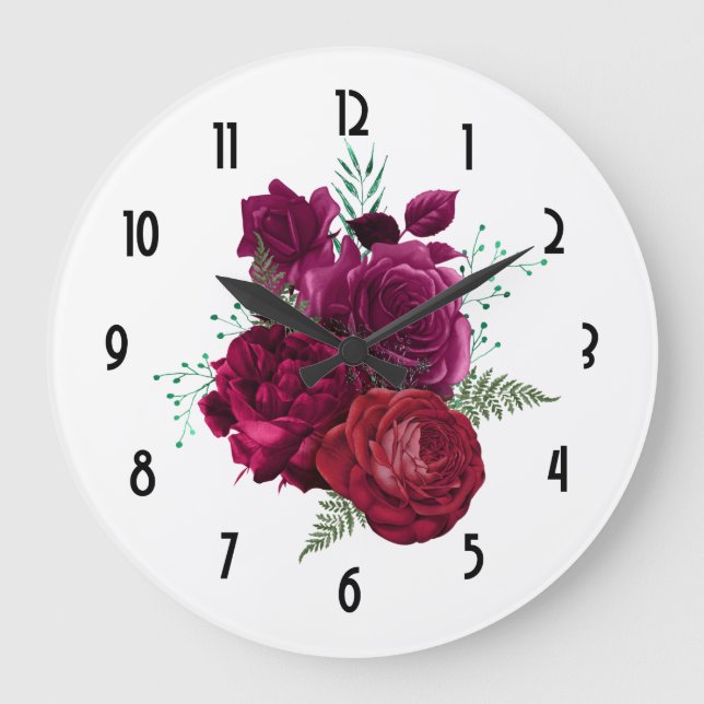 Grande Horloge Ronde Elegant Magenta Rose Floral Bouquet (Recto)