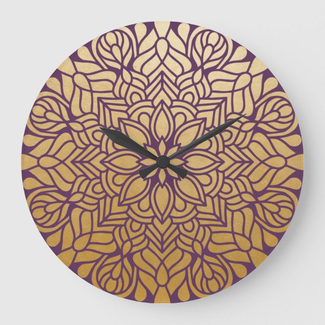 Grande Horloge Ronde Élégant Mandala Floral or et violet (Recto)