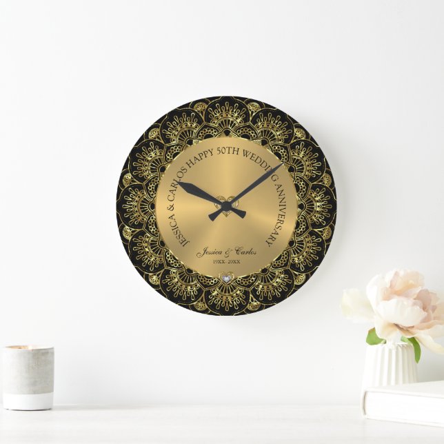 Grande Horloge Ronde Élégant Mandala Gold 50e Anniversaire Mariage d'or (Maison)