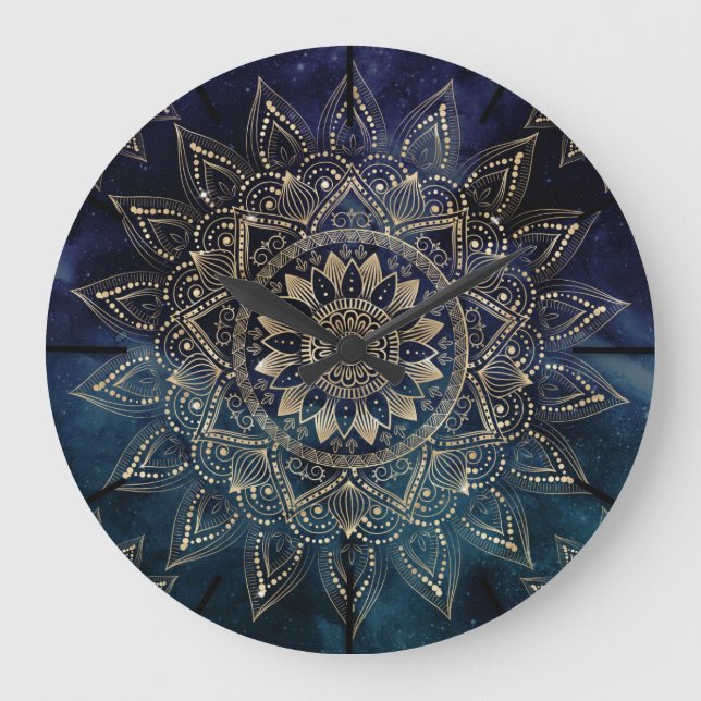 Grande Horloge Ronde Elégant Mandala Gold Blue Galaxy (Recto)
