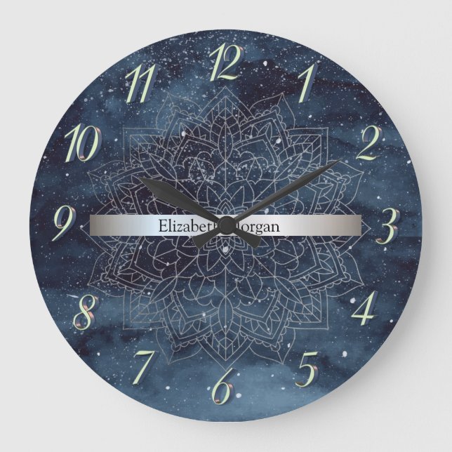 Grande Horloge Ronde Elégant Mandala Stripe Navy bleu (Recto)