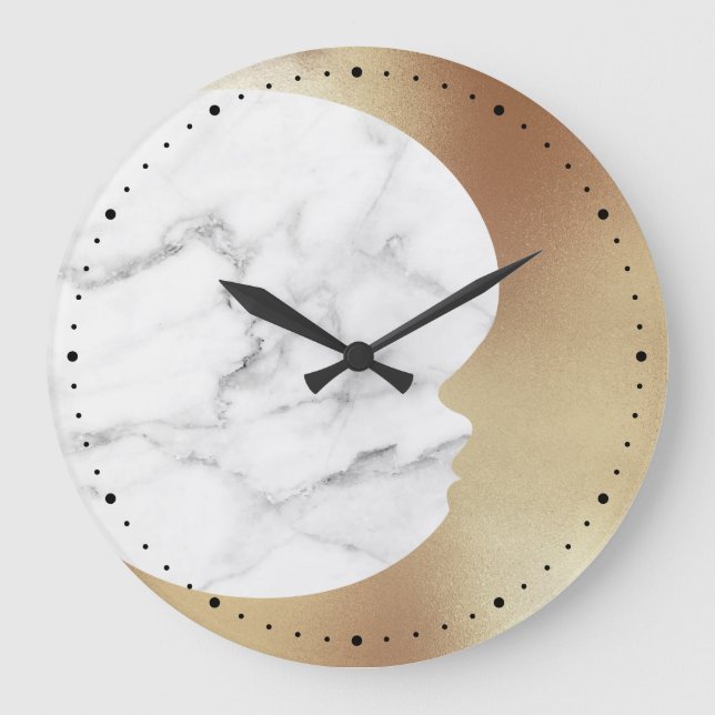 Grande Horloge Ronde Elégant Marbre blanc gris Gold Crescent Lune (Recto)