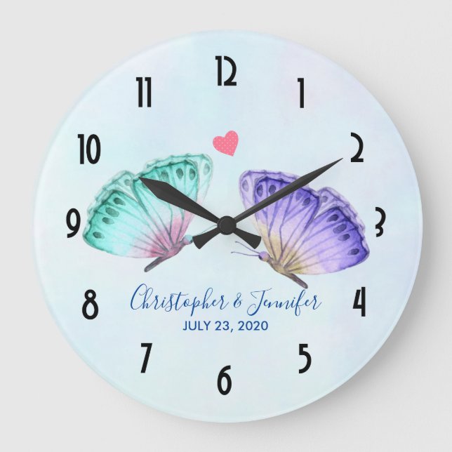 Grande Horloge Ronde Élégant Mariage de paire de papillon aquarelle (Recto)