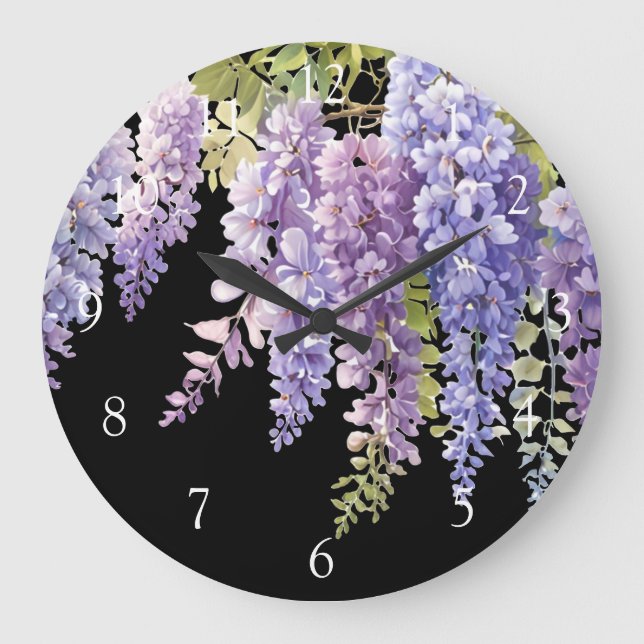 Grande Horloge Ronde Elégant mauve magenta aquarelle glyteria floral (Recto)