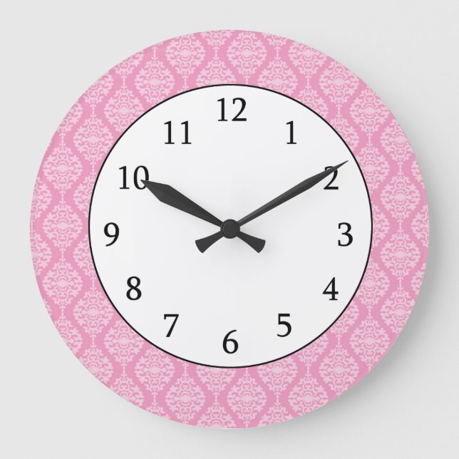 Grande Horloge Ronde Élégant Modèle Damas Rose Et Blanc (Recto)