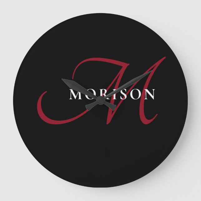 Grande Horloge Ronde Élégant Monogramme moderne noir rouge (Recto)