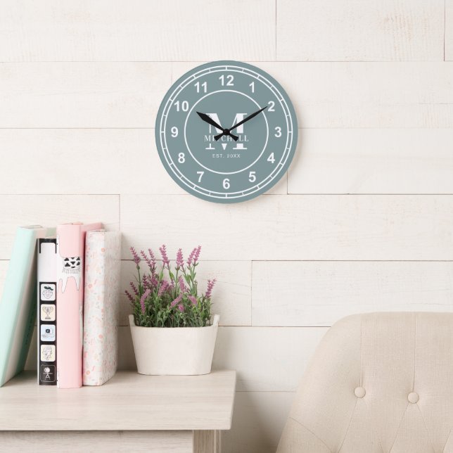 Grande Horloge Ronde Élégant Monogramme Sage Vert Personnalisé Nom de f (Salle de lecture)