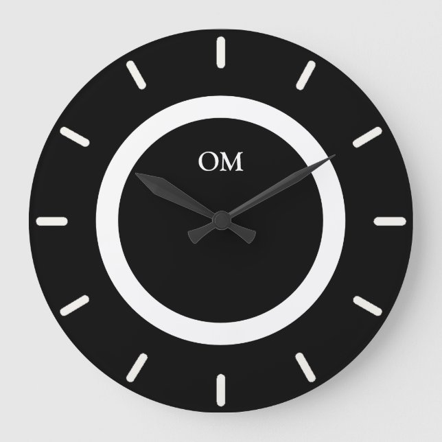Grande Horloge Ronde Élégant Monogramme sur noir et blanc (Recto)
