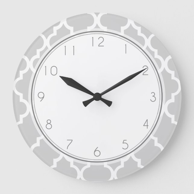 Grande Horloge Ronde Élégant Motif de Quatrefoil Gris (Recto)