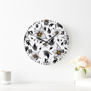 Grande Horloge Ronde Élégant motif floral noir et blanc