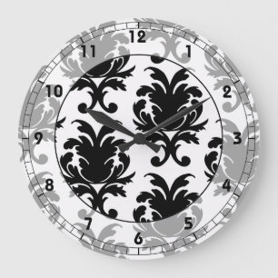 Grande Horloge Ronde élégant noir et blanc damassé