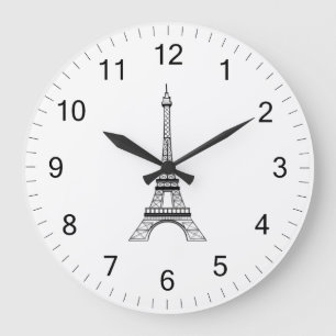 Grande Horloge Ronde Elégant noir et blanc Paris Tour Eiffel France