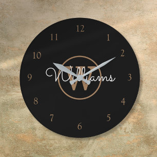 Grande Horloge Ronde Élégant Noir Monogramme Or Nom du script