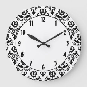 Grande Horloge Ronde Élégant noir sur blanc Damas
