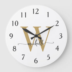 Grande Horloge Ronde Élégant Nom Monogramme Moderne en Or Blanc Script