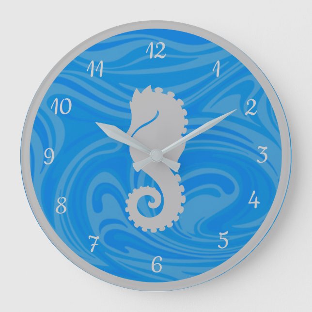Grande Horloge Ronde Elégant Ocean Blue Seahorse Silver (Recto)