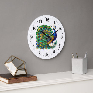 Grande Horloge Ronde Elégant paon art déco