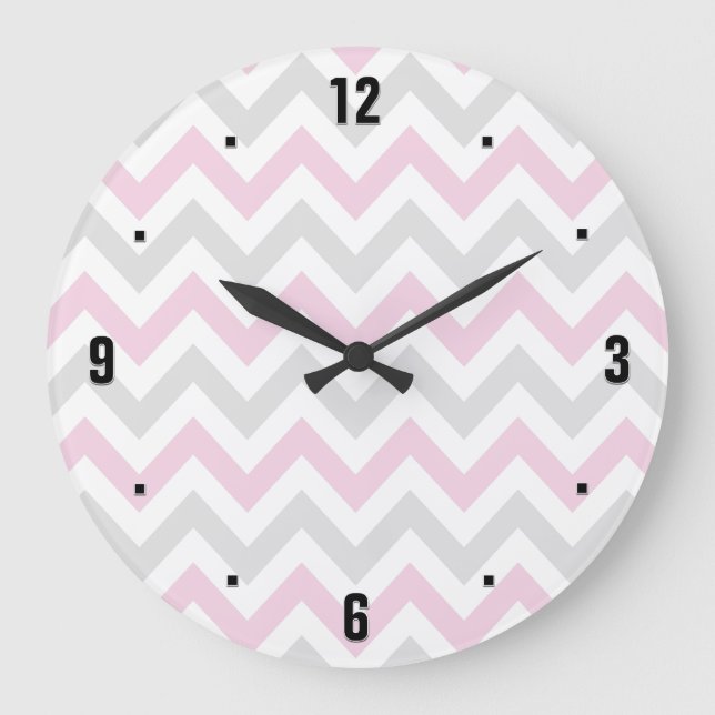 Grande Horloge Ronde Elegant Pink, Grey et White Chevron Pattern (Recto)