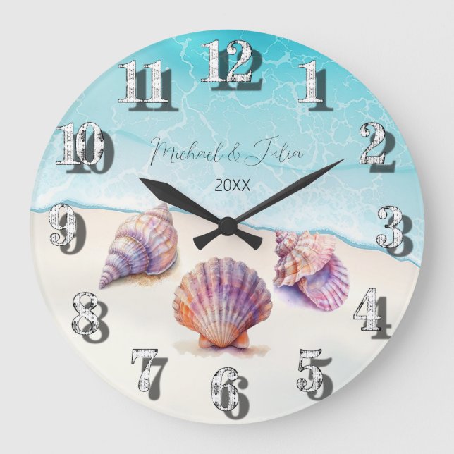 Grande Horloge Ronde Elégant Plage Mariage Coquillages Perles Nautiques (Recto)