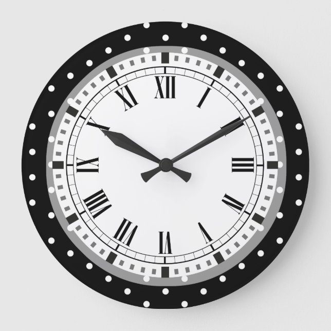 Grande Horloge Ronde Élégant Pois rétro noir et blanc (Recto)