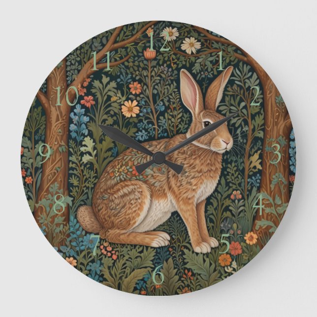Grande Horloge Ronde Élégant retro lapin boisé boisé fleuri (Recto)