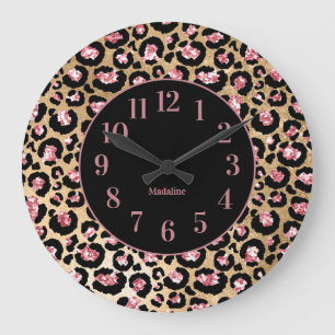 Grande Horloge Ronde Élégant rose noir Cheetah Empreinte de léopard Mon