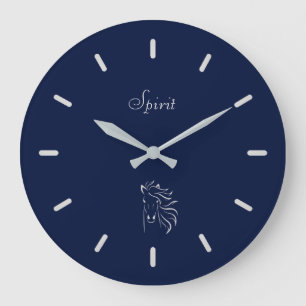 Grande Horloge Ronde Elégant Silver Grey Horse Silhouette sur bleu mari