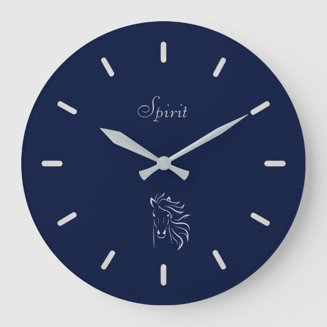 Grande Horloge Ronde Elégant Silver Grey Horse Silhouette sur bleu mari (Recto)